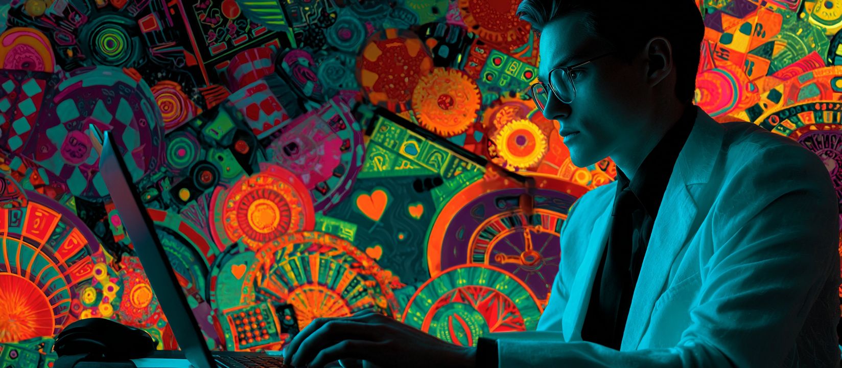 A young man with glasses plays Aviator game on a laptop with brightly coloured casino graphics in the background