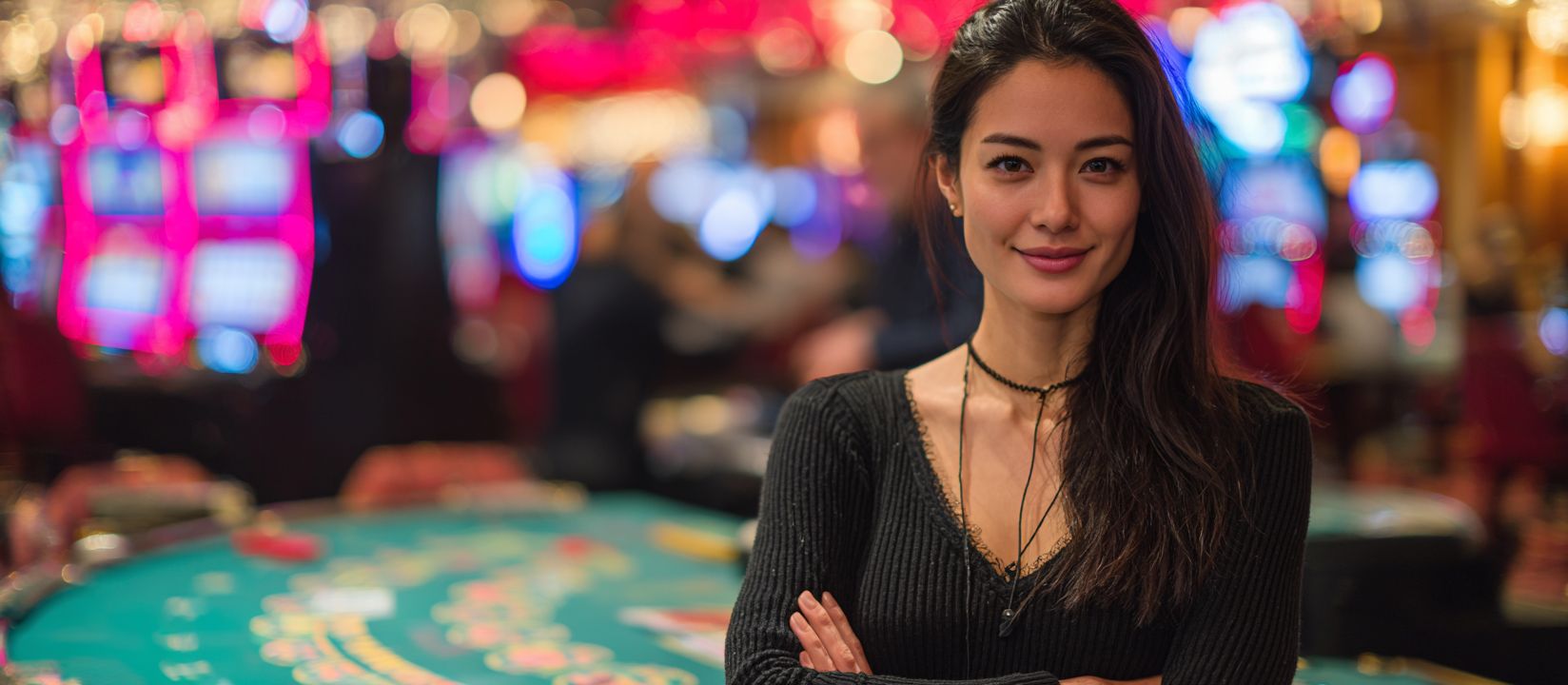 Smiling woman standing at a casino table with slot machines in the background