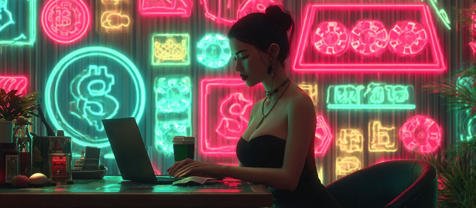 Woman in a black dress using a laptop with neon casino symbols in the background