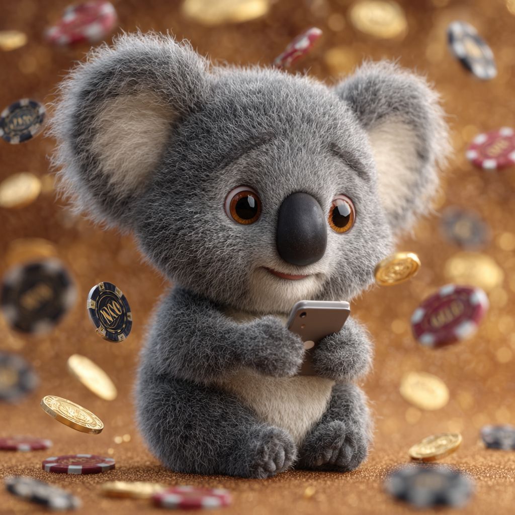 The AH444 casino koala mascot holding a smartphone, with casino chips and gold coins floating around.