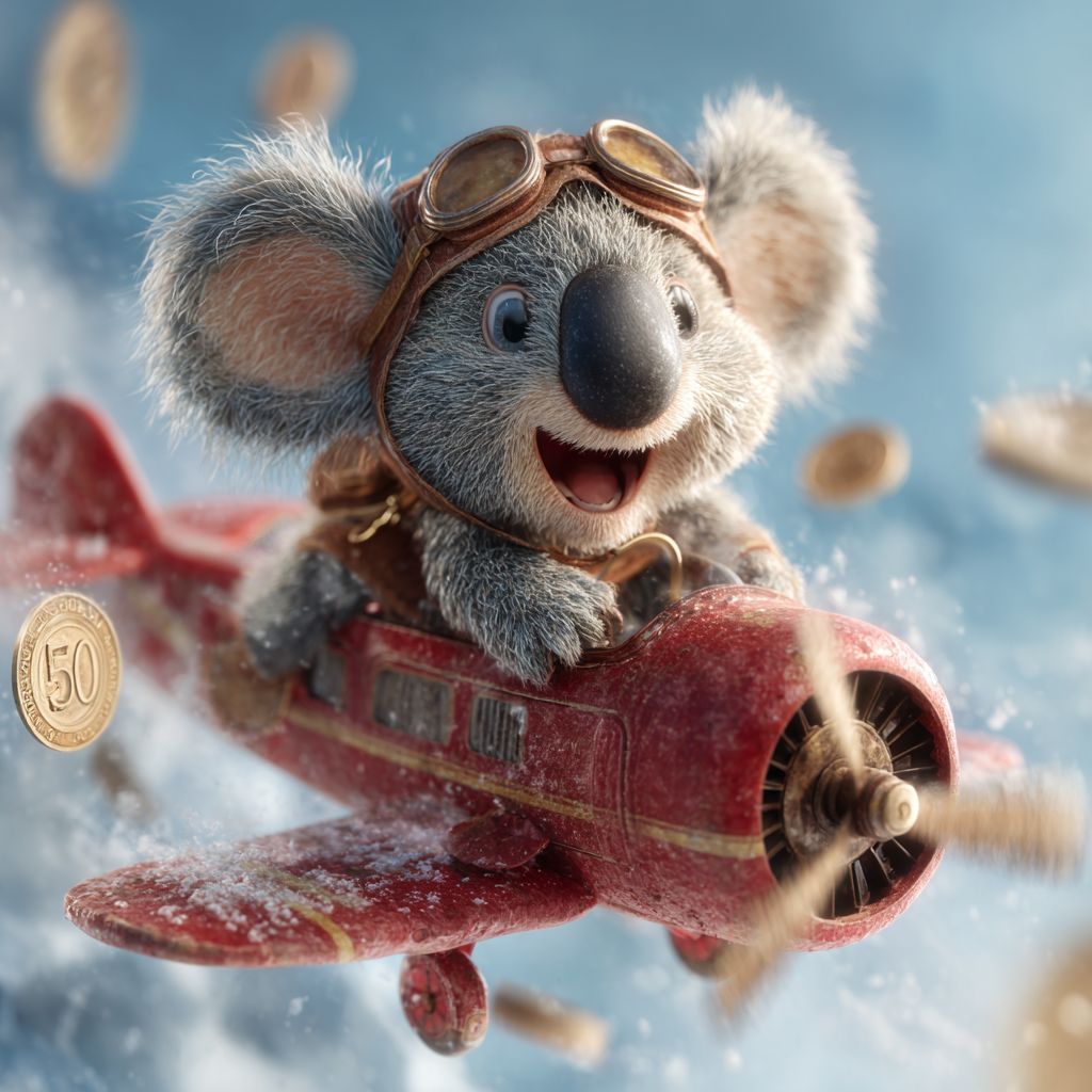 The AH444 casino koala mascot dressed as an aviator, flying a red propeller plane.