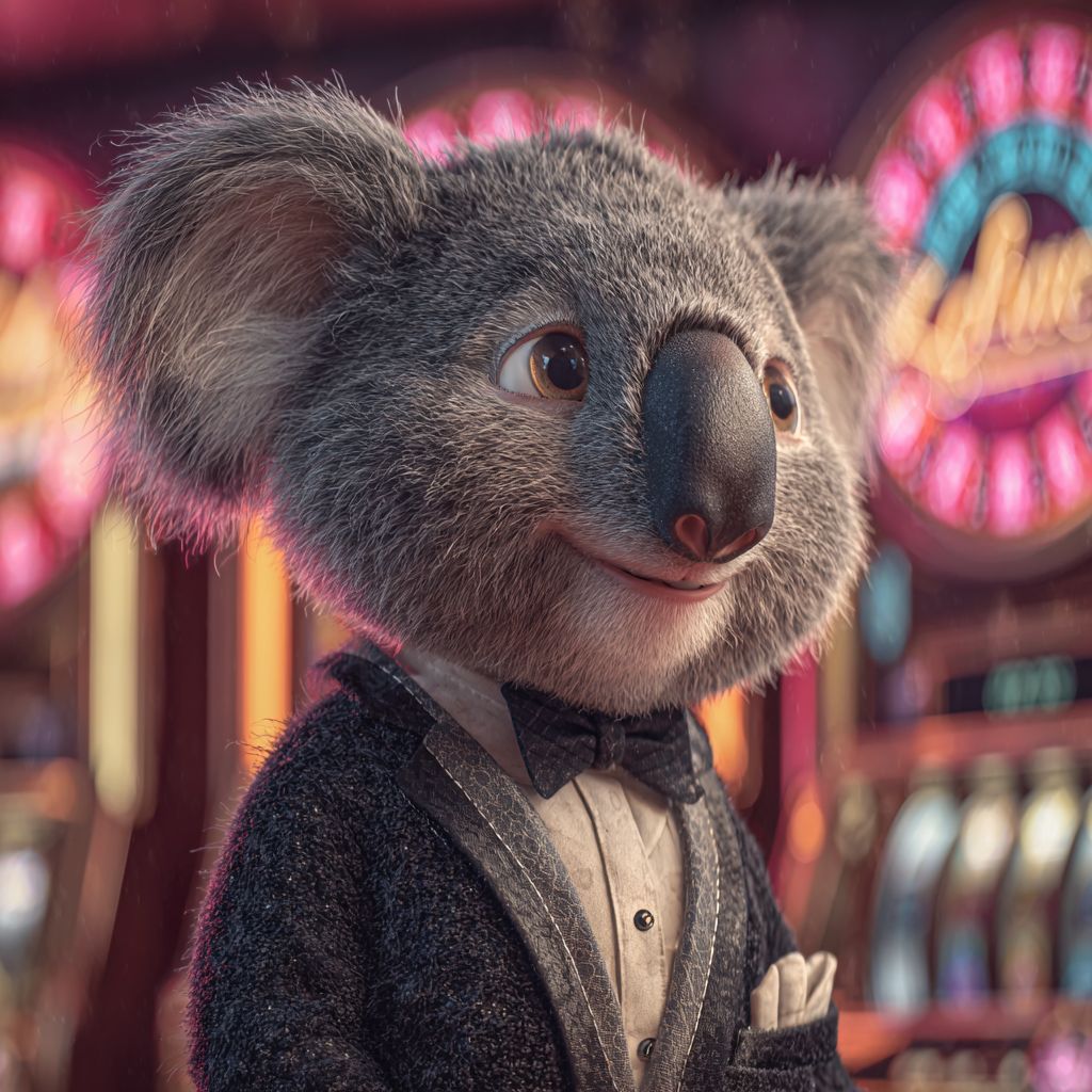 The AH444 casino koala mascot in a fancy suit and bow tie, standing in a luxurious casino lobby.