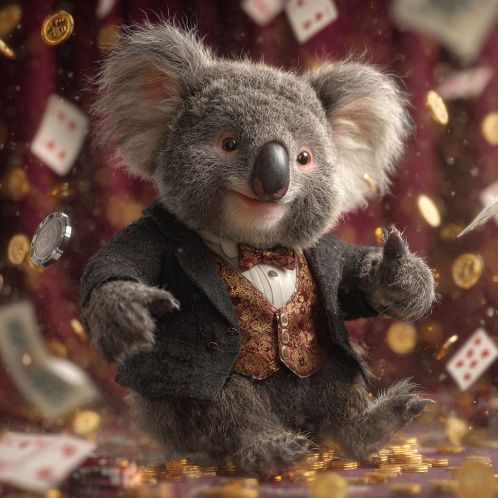The AH444 casino koala mascot in a suit, jumping for joy among floating casino chips and coins.