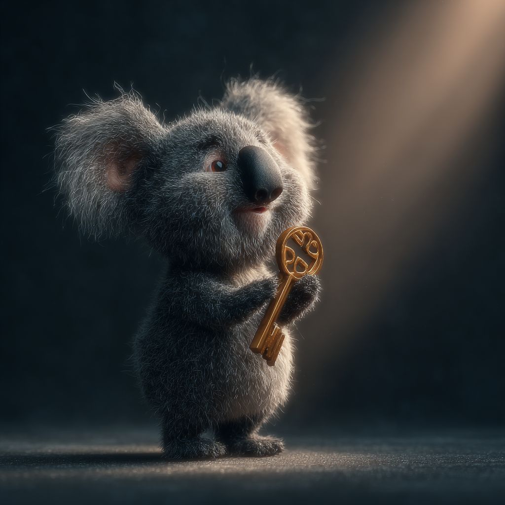 The AH444 casino koala mascot holding a golden key, ready to unlock casino access.
