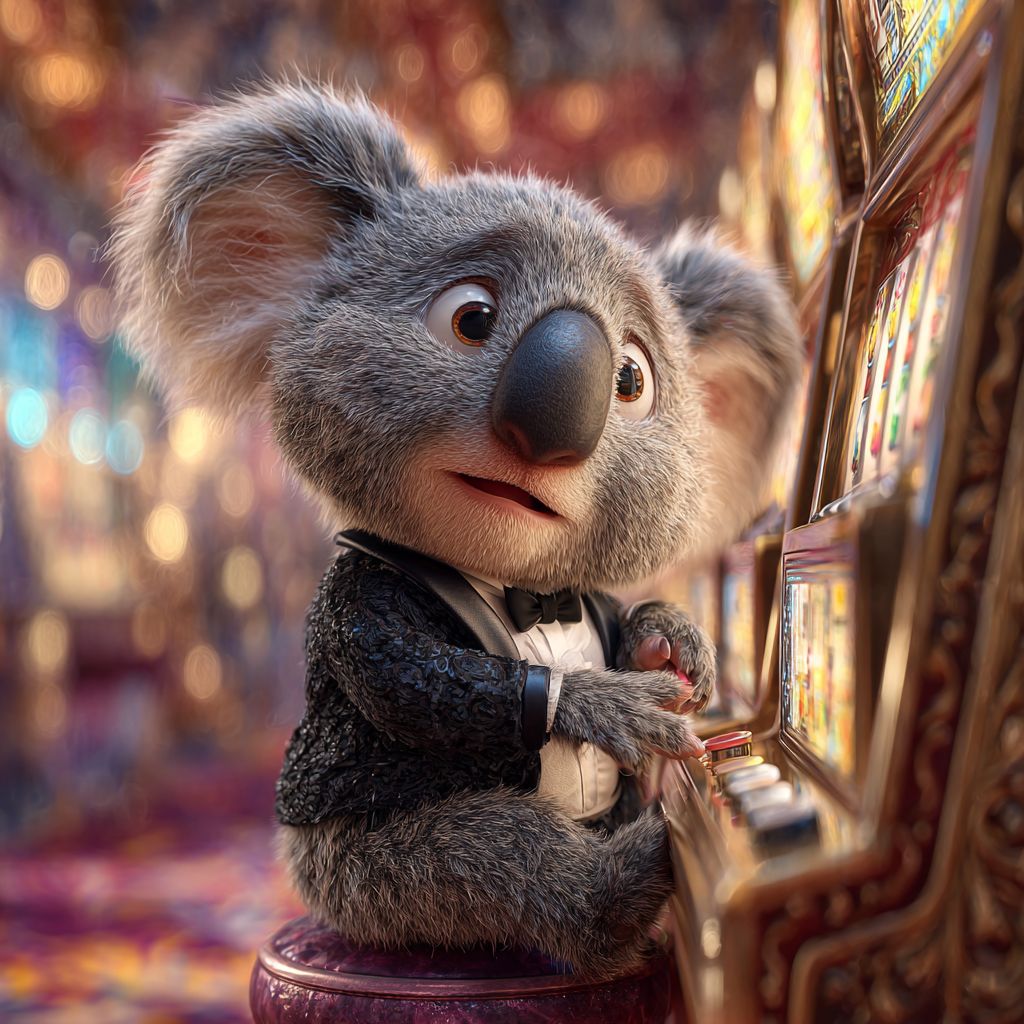 The AH444 casino koala mascot in a hat and tuxedo, playing a vintage slot machine.
