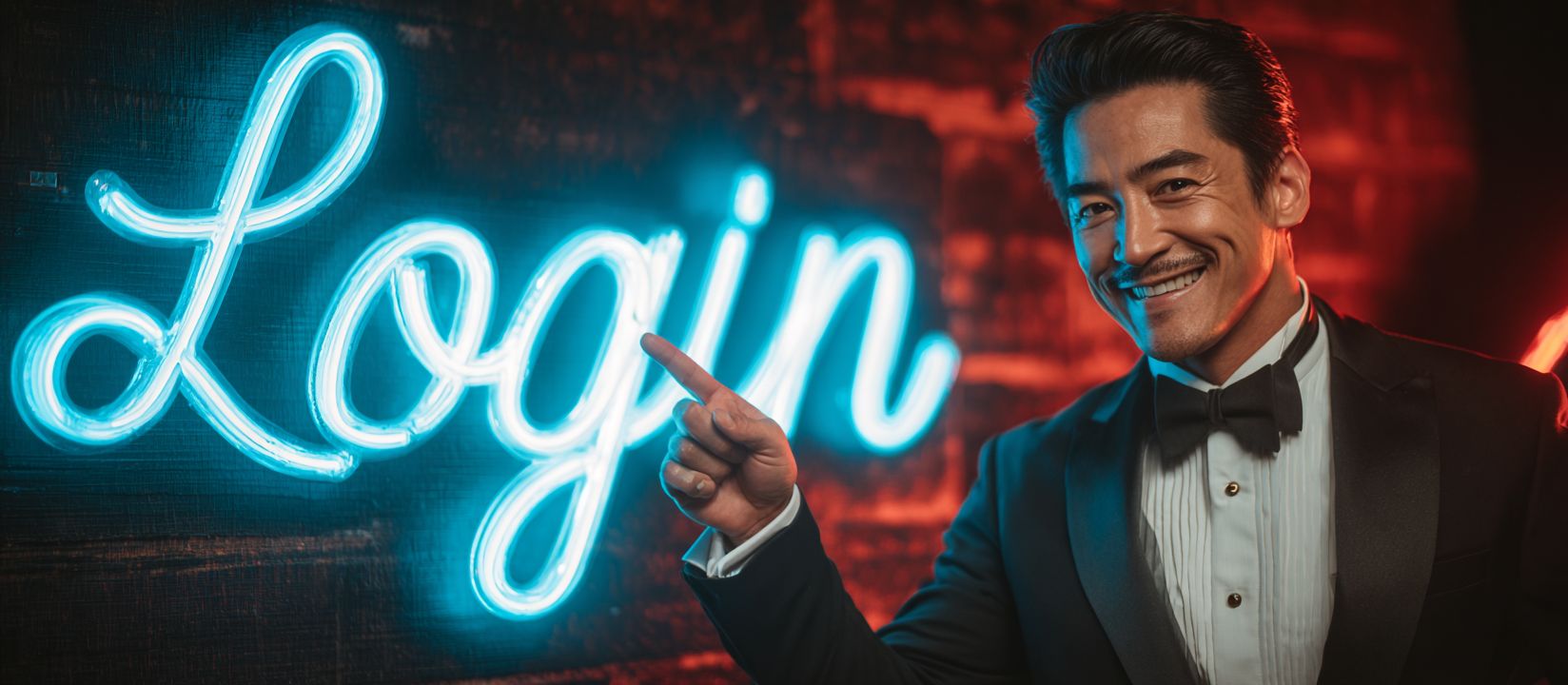 Smiling man in a tuxedo pointing at a bright Login sign