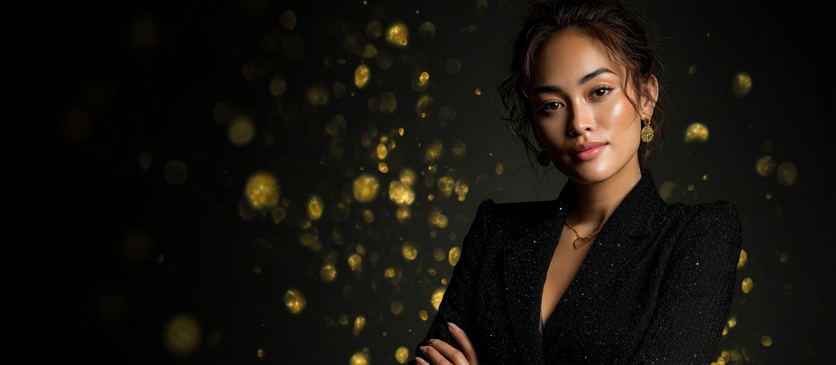 A stylish woman in a pinstripe suit and sunglasses, standing as a shower of golden coins rains down around her.