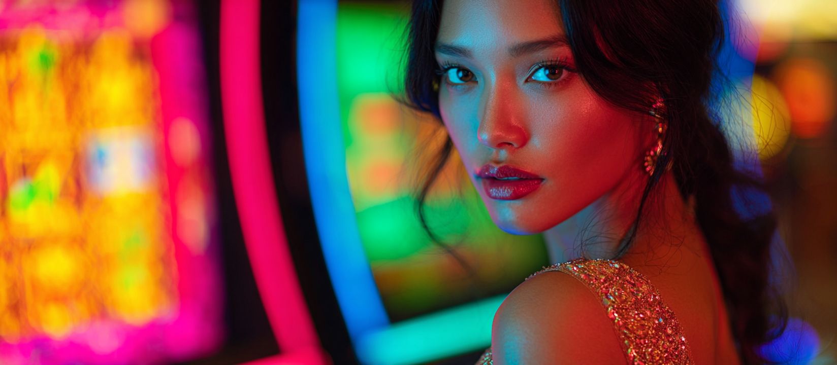 Woman in a sparkling dress in a casino near slot machines