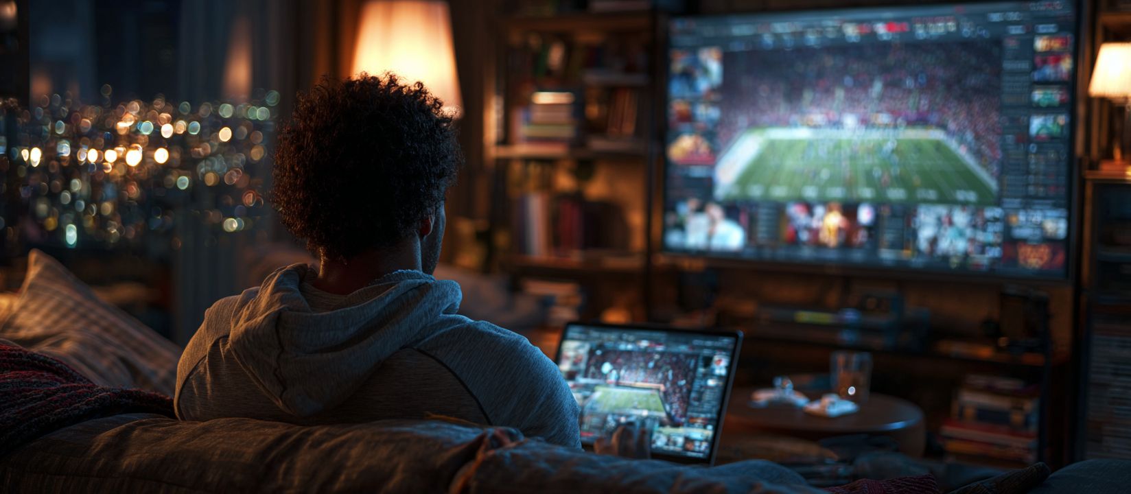 A man is watching a sports match on TV and betting on his laptop
